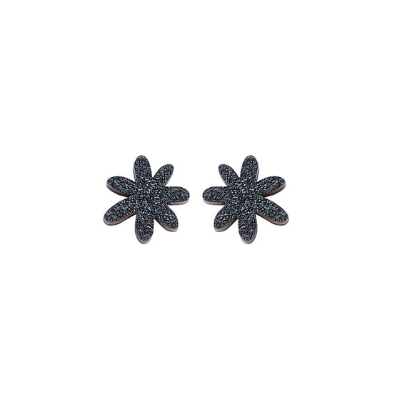 Black glitter flower stud earrings